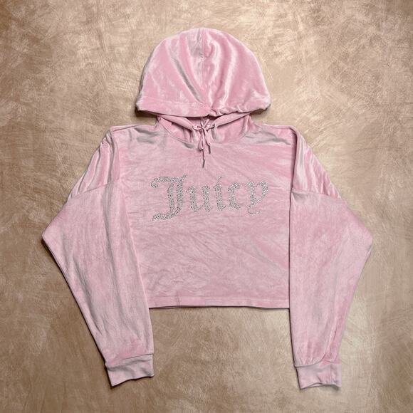 Juicy Couture Tops - Juicy Couture Pink Velour Cropped Hoodie Top Sweatsuit Rhinestone Bedazzled Y2K